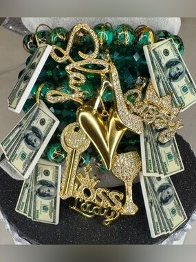 Gold-Tone 'Boss Lady' Charm Bracelet with Green Crystal glass Beads